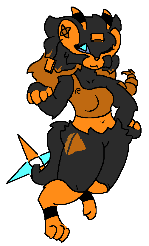 A drawing of me, Rally! I'm a luxray with orange highlights instead of yellow, I have a braid in my mane and a sporty top on. Theres a topaz on my forehead as well as one as an earring.