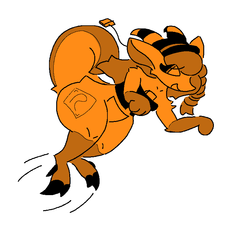 A drawing of me, Rally, But this time I'm a kangaroo wearing a bowler hat! I still have my crop top, braid, earring, but much less wool :P My stlized R tatoo is on my flank! I'm doing a hop, looking to the right.