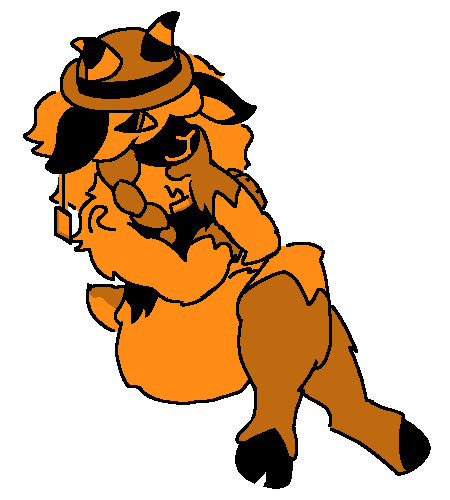 A drawing of me, Rally! I'm an orange anthropomorphic sheep wearing a bowler hat, I'm wearing a black crop top, I have a braid of hair coming down on my right, and a lot of wool in general! I have a topaz earring hanging from my right ear, too, and a tattoo on my right shoulder with a stylized letter R (for Rally!) I'm sitting and looking out away from the viewer.