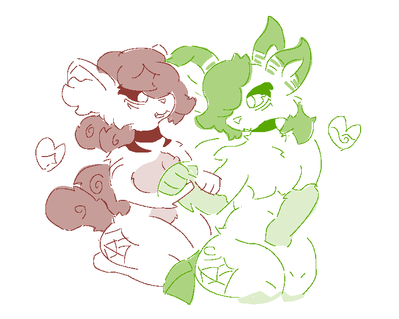 A drawing of Nisky, a vulpix, and me, a leafeon, holding each other.