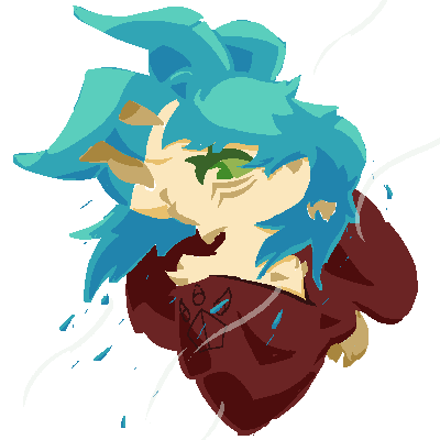 A drawing of me, a leafeon, with blue hair and an open hoodie, in my winter form.